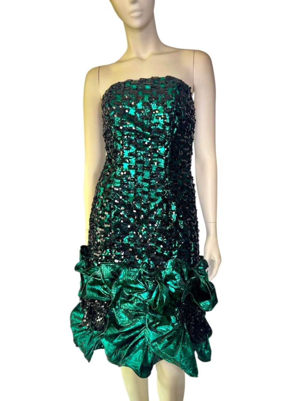 80’s Lillie Rubin Metallic Green Cocktail Dress with Black Sequins and Ruffles S